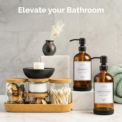 Vine Creations Amber Glass Soap Dispenser, 2 Pack Kitchen Soap Dispenser Set with Stainless Steel Pump, 16 oz Dish Soap and Hand Soap Dispensers for Bathroom with Waterproof Labels - color: Amber Bottle / Round Oil Rubbed Bronze Pump