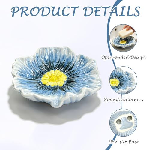 Ceramic Soap Holder with Flower Arrangements, Automatic-Draining Soap Tray for Bathroom Sink & Shower, Small Cute Elegant Glazed Holder, Easy to Clean (Blue) - color: Blue