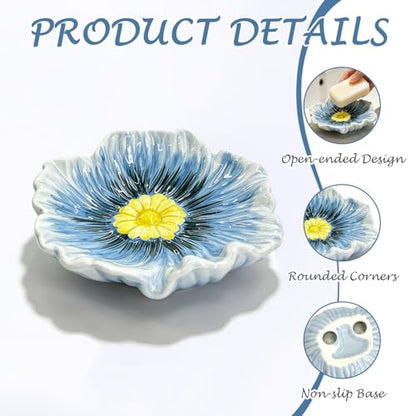 Ceramic Soap Holder with Flower Arrangements, Automatic-Draining Soap Tray for Bathroom Sink & Shower, Small Cute Elegant Glazed Holder, Easy to Clean (Blue) - color: Blue