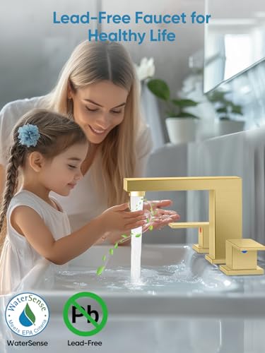Cobbe Bathroom Faucet 3 Hole, Brushed Gold Bathroom Sink Faucet Widespread | Square 8 Inch with Pop-Up Drain, 2 Handle and 2 Supply Hoses, Lead-Free Stainless Steel, For Vanity, RV, Farmhouse - color: Gold-2, size: 8 Inch Widespread