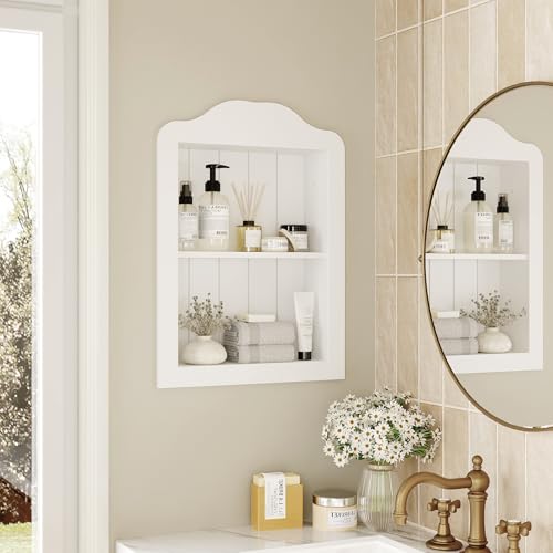 CJL 14'' x 18'' Recessed Medicine Cabinet, Solid Wood in-Wall Bathroom Cabinet, Arched Wall Niche Shelf, 2-Tier, White - color: White, size: 14"x18.1"x3.75"