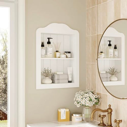 CJL 14'' x 18'' Recessed Medicine Cabinet, Solid Wood in-Wall Bathroom Cabinet, Arched Wall Niche Shelf, 2-Tier, White - color: White, size: 14"x18.1"x3.75"