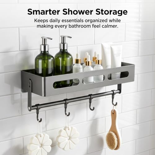 Carbon Steel Shower Caddy and Gray Shower Shelf Storage Rack | Adhesive Stick-On No-Drilling with Towel Bar&Hooks, Removable, Inside Shower, also works as Shower Organizer, Bathroom Shelf
