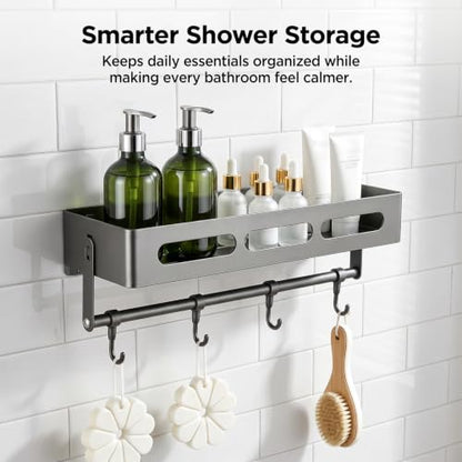 Carbon Steel Shower Caddy and Gray Shower Shelf Storage Rack | Adhesive Stick-On No-Drilling with Towel Bar&Hooks, Removable, Inside Shower, also works as Shower Organizer, Bathroom Shelf