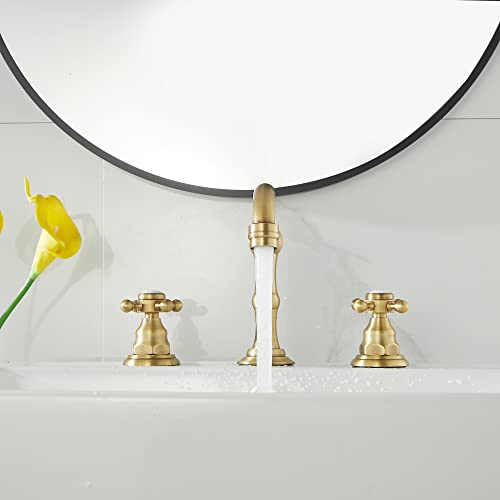 2 Handles 3 Holes Faucet Widespread Bathroom Sink Faucet Antique Brass Basin Tap Mixer Supply Hose Included Matching Metal Pop Up Drain - color: Antique Brass, style: Ceramic Cover