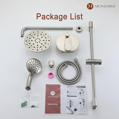 MONDAWE 8 Inch Wall Mounted Shower Faucet Set in Brushed Nickel, Rainfall Shower Head with 3-Setting Handheld Spray Shower Set Combo, High Pressure Shower System with Solid Brass Valve - color: Brushed Nickel, style: 8 IN - Without Tub Spout