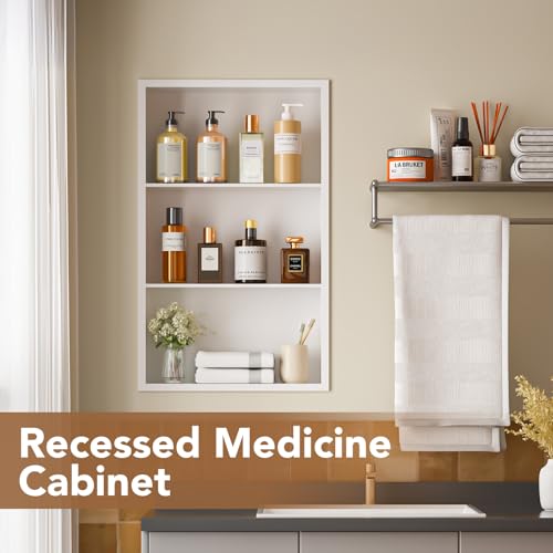 14x24 Recessed Medicine Cabinet, Bathroom Wall Cabinet, 304 Stainless Steel Recessed Wall Niche with 3-Tiers Shelves, Matte White - color: Matte White, size: 14'' x 24''