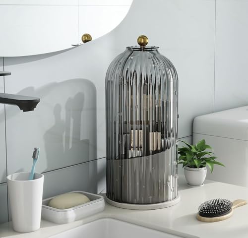 Toothbrush and Toothpaste Holders with Cover, Grey White | Waterproof and Dustproof, 360° Rotating Base, Smooth Sliding Door, 3 Slots, for Bathroom Countertop - color: Grey White