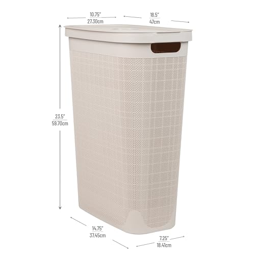 Mind Reader Slim Laundry Hamper with Lid, 40L Clothes Basket, Linen Design, Plastic, Ivory - color: Ivory