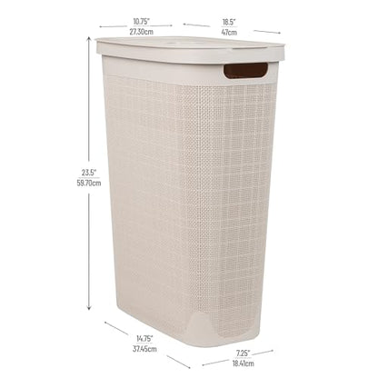 Mind Reader Slim Laundry Hamper with Lid, 40L Clothes Basket, Linen Design, Plastic, Ivory - color: Ivory