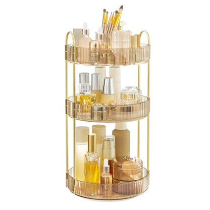 SONGMICS Makeup Organizer, 3-Tier Countertop, Customizable | Customizable skincare organizer countertop, round rotating, toiletries vanity organizer, lazy susan, gift UJKA011A01 - color: Champagne Gold, style: Round