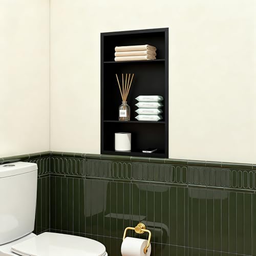Stainless Steel Recessed Medicine Cabinet Bathroom Medicine Wall Niche Shower Niche Space-Saving Recessed Storage Cabinet Adjustable Shelf Matte Finish (Black, 24" H x 14" W) - color: Black, size: 24"H x 14"W