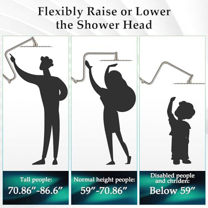 Rain Shower Head Extension Arm, Upgrade 12 Inch Metal Shower Extend Arm, Height/Angle Adjustable Curved Showerhead Extender with 1/2 Universal Connection, Flexible Rise or Lower Shower Head Nickel - color: Nickel