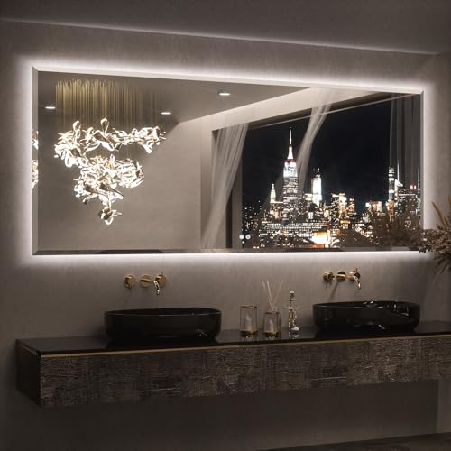 Keonjinn 84 x 36 Inch Oversized Backlit Bathroom Mirror with Lights, Large LED Vanity Mirror for Wall, Frameless Beveled Edge, Tempered Glass, UL-Listed, 3000K/4500K/6500K, Defogging, Dimmable - color: Backlit Beveled Edge, size: 36"L x 84"W