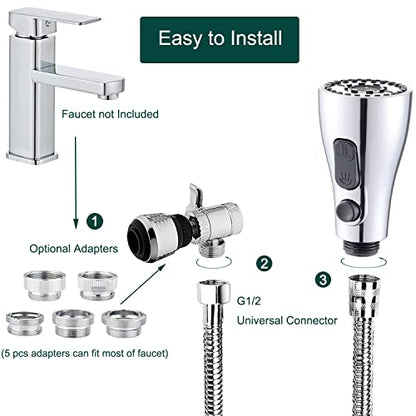 Kitchen Faucet Sink Sprayer Attachment Set,3 Modes Sink Sprayer Replacement Head with Stainless Steel Hose,Faucet Aerator and Brass Diverter Valve (5 pcs Adapter) for Washing Fruit,Dishes and Hair1 - color: With Silver Hose