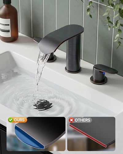 WOWOW Waterfall Bathroom Faucet 3 Holes 8Inch Widespread Bathroom Sink Faucet, Two Handles Lavatory Vanity Sink Faucets with Pop-up Drain & Supply Hoses, Modern Faucet Mixer Taps Oiled Rubbed Bronze - color: Oiled-Rubbed Bronze