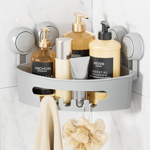 Corner Shower Caddy Suction Cup, Shower Basket Suction Bathroom | Grey Shower Caddies, Waterproof & Rustproof Bathroom Organizer, No-Drilling Shower Rack, Removable - color: Grey, size: 1 × Medium