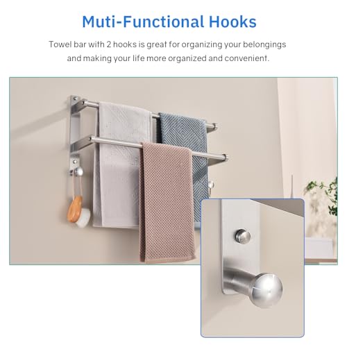 Double Towel Bar with Hooks for Bathroom - 18 Inch Brushed Stainless Steel Towel Rack, Wall Mounted Towel Rails