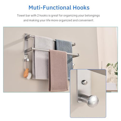 Double Towel Bar with Hooks for Bathroom - 18 Inch Brushed Stainless Steel Towel Rack, Wall Mounted Towel Rails