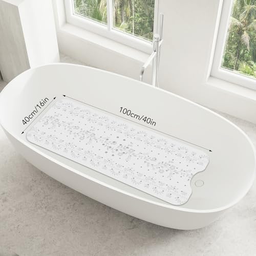 SHUCHING White Bath Mat for Tub Non Slip-40x16 Inch, Flower | Bathtub Mat for Women & Elderly Mold Free, Long Shower Mat for Inside Shower with Suction Cup, Machine Washable - color: White