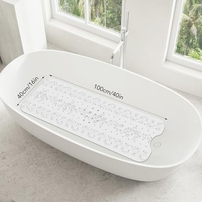 SHUCHING White Bath Mat for Tub Non Slip-40x16 Inch, Flower | Bathtub Mat for Women & Elderly Mold Free, Long Shower Mat for Inside Shower with Suction Cup, Machine Washable - color: White