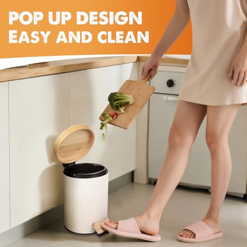 Small Bathroom Trash Can with Natural Bamboo Lid Soft Close，3 Liter / 0.8 GallonStainless Steel Garbage Can with Removable Inner Bucket andStep Pedal（White） - color: White