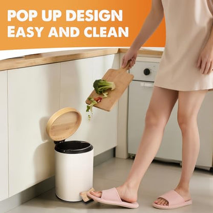 Small Bathroom Trash Can with Natural Bamboo Lid Soft Close，3 Liter / 0.8 GallonStainless Steel Garbage Can with Removable Inner Bucket andStep Pedal（White） - color: White