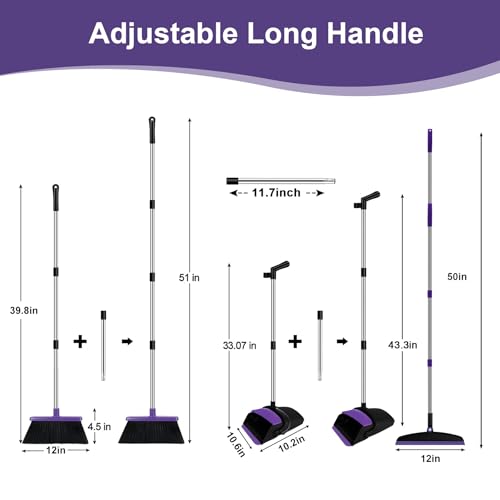 Broom and Dustpan Combo Set, 51" Long Handle Broom with Squeegee | Wet & Dry Cleaning for Pet Areas, Built-in Comb Dustpan, Foldable Space-Saving Storage, Multi-Surface Floor Cleaning - color: Purple