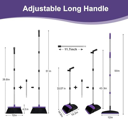 Broom and Dustpan Combo Set, 51" Long Handle Broom with Squeegee | Wet & Dry Cleaning for Pet Areas, Built-in Comb Dustpan, Foldable Space-Saving Storage, Multi-Surface Floor Cleaning - color: Purple