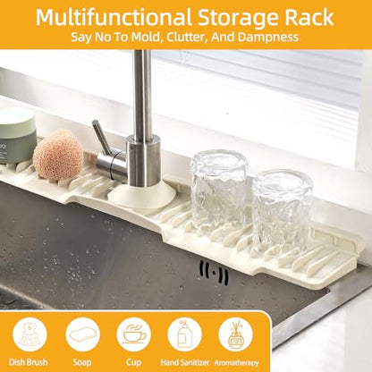 24" Silicone Sink Mat for Kitchen(Released in 2026), 2 PCS Beige | 8° Slope for Quick Self-draining, Sink Splash Guard Behind the Faucet, Narrow Water Splash Guard, for Kitchen&Bathroom Area - color: Beige