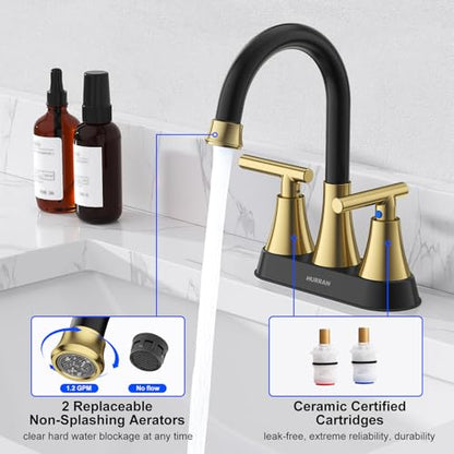 Bathroom Faucet, Hurran 4 inch Centerset 2-Handle Lead-Free, Black&Gold | Bathroom Sink Faucet with Pop-up Drain and Supply Lines, Stainless Steel Faucet for Vanity RV Restroom Laundry Outdoor Sink - color: Black& Gold