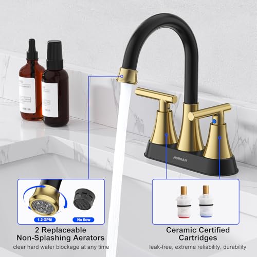 Bathroom Faucet, Hurran 4 inch Centerset 2-Handle Lead-Free, Black&Gold | Bathroom Sink Faucet with Pop-up Drain and Supply Lines, Stainless Steel Faucet for Vanity RV Restroom Laundry Outdoor Sink - color: Black& Gold