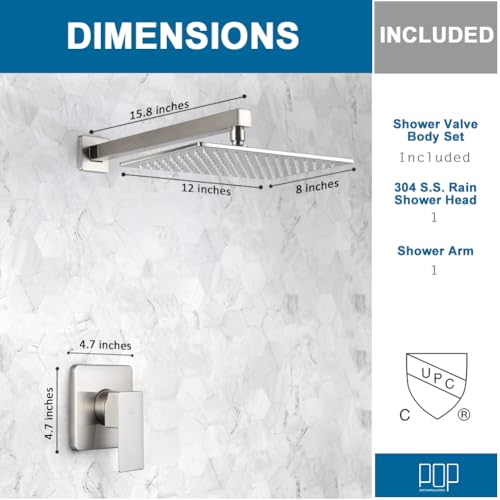 Shower Faucet Set with Rainfall 12 Inch Shower Head, Wall Mounted Bathroom Shower System Brushed Nickel, Single Function Shower Trim Kit with Valve - color: Brushed Nickel, size: 12 Inch (Wall Mount)