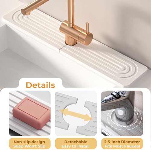 Diatomite Faucet Mat for Kitchen & Bathroom Sink Fast Drying Stone Splash Guard, Super Absorbent Sink Protector Prevents Moisture, Easy Clean Counter Tray (White, 15.8"x3.9") - color: White--15.8"x3.9"