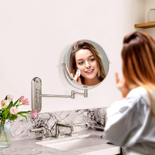 Wall Mounted Makeup Mirror | 15X/1X Double Sided Magnifying Mirror, 8.5 Inch Round, Brushed Nickel, Modern Style, Space Theme, 13" L x 11" W - color: Nickel