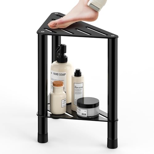 Corner Shower Stool for Inside Shower - 15.5in Shower Foot Rest with Storage Shelf, Stainless Steel Shower Stool for Shaving Legs, Bathroom Bench Suitable for Small Shower Spaces, Black