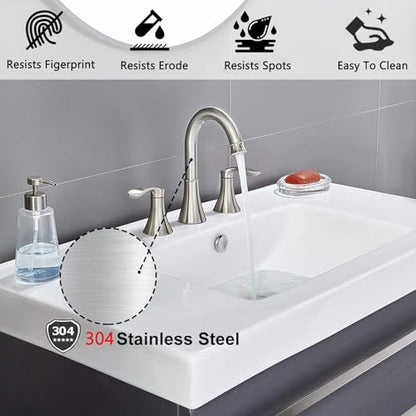 Friho 8 Inch Widespread 3 Hole Bathroom Faucet, Brushed Nickel Lead-Free 2-Handle Vanity Faucet with Swivel Spout, Pop-up Drain & Supply Hoses - color: Brushed Nickel-1
