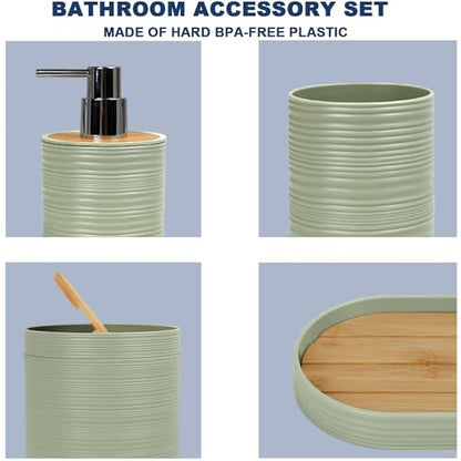 CERBIOR Bamboo Bathroom Accessories Set 6 Piece Spiral Bath Ensemble,Green | Includes Soap Dispenser, Toothbrush Holder, Toothbrush Cup, Soap Dish for Decorative Countertop and Housewarming Gift - style: Green