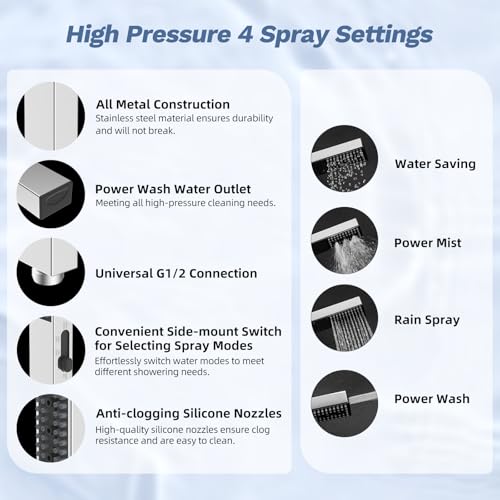 Hibbent 5-Mode 13" Rain Shower head, 4-Spray Metal Handheld Shower, Chrome | cUPC Certified High Pressure Showerhead Combo, All Metal 4-way Diverter with Extension Arm, 71'' Hose & Easy Reach Holder - color: Chrome, style: Square 13"