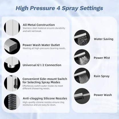 Hibbent 5-Mode 13" Rain Shower head, 4-Spray Metal Handheld Shower, Chrome | cUPC Certified High Pressure Showerhead Combo, All Metal 4-way Diverter with Extension Arm, 71'' Hose & Easy Reach Holder - color: Chrome, style: Square 13"