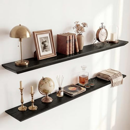 Acovy 48in Solid Spruce Wood Floating Shelves with Beveled Bottom Edges, Wooden Floating Shelf with Heavy-Duty Bracket for Living Room Bathroom Bedroom Kitchen, Rustic Black, Set of 2 - color: Rustic Black, size: 48"-2 Packs
