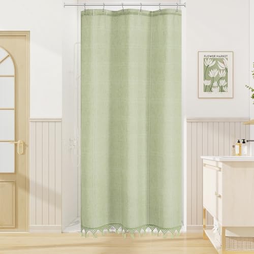 Small Stall Linen Farmhouse Shower Curtain with Tassel, Modern Boho French Country Chic Bathroom Shower Curtain Set with PEVA Liner, Cotton Luxury Fabric Shower Curtain 36x72 - Green - color: Green, size: 36"W x 72"L (Pack of 1)