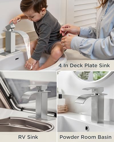 FORIOUS Bathroom Faucet 1 Hole, Waterfall Vanity Sink Faucet Brushed Nickel | Bathroom Sink Faucet 1 or 3 Hole, Square Single Handle with 24" cUPC Supply Line and Pop-up Drain, Fits RV Restroom Basin - color: Stainless Steel