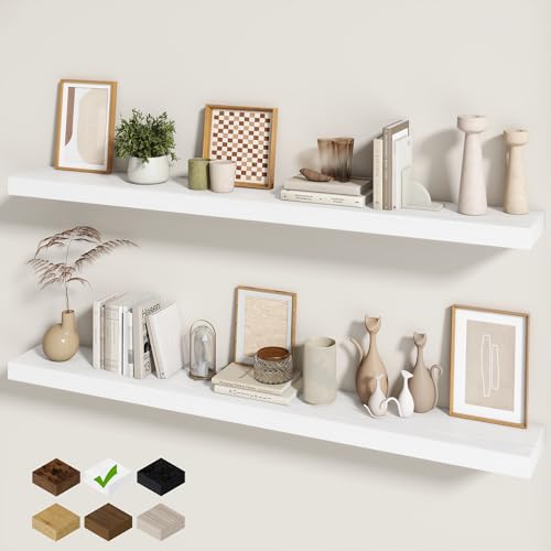 Fun Memories 60 Inch Fireplace Mantel - Long Floating Shelf, Wall Mounted Farmhouse Display with Invisible Heavy Duty Metal Bracket, White, 2 Pack - color: White, size: 60"W x 6.5"D