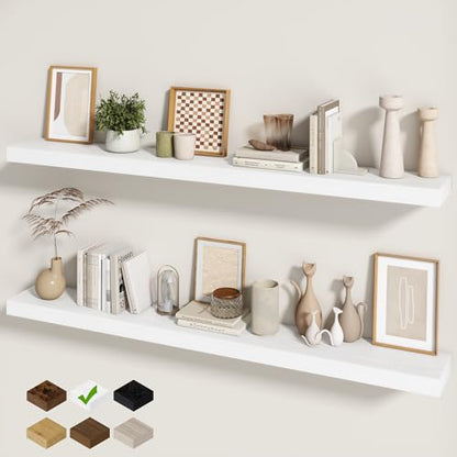 Fun Memories 60 Inch Fireplace Mantel - Long Floating Shelf, Wall Mounted Farmhouse Display with Invisible Heavy Duty Metal Bracket, White, 2 Pack - color: White, size: 60"W x 6.5"D