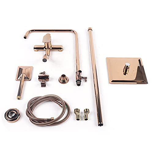 Rose Gold Bathroom Rainfall Shower Faucet Set, Overhead Shower, Hand Shower with 1.5M Hose and Bracket Wall Mount Hand Spray Mixer Tap Faucet Head Set