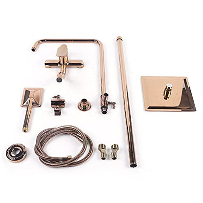 Rose Gold Bathroom Rainfall Shower Faucet Set, Overhead Shower, Hand Shower with 1.5M Hose and Bracket Wall Mount Hand Spray Mixer Tap Faucet Head Set