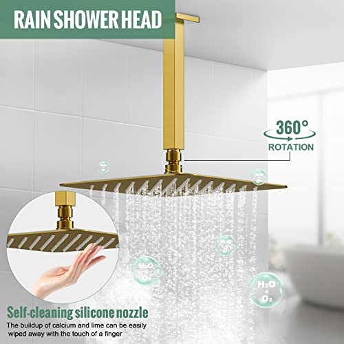 SunCleanse Rainfall Shower System with High Pressure in Brushed Gold | Ceiling mounted shower combo set featuring a 12" square rain head, handheld spray, and rough-in mixer valve with trim. - color: Brushed Gold, style: 12-ceiling