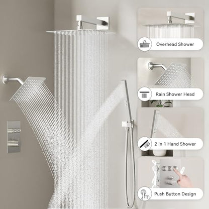 Thermostatic Shower System Brushed Nickel, STARBATH Shower Faucets Sets 12+ 6" Wall Mount Rain Shower and 2 in 1 Handhled, Can Use All at Once, Push Button 3 Modes Valve Complete Shower Set - color: Brushed Nickel, size: 6+12 inch-12