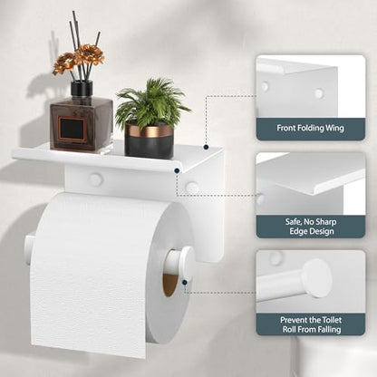 FORIOUS Toilet Paper Holder with Shelf, Adhesive or Screw, White | Wall Mount Toilet Paper Roll Holder for Bathroom, Stainless Steel Commercial Toilet Tissue Roll Dispenser with Phone Shelf - color: White